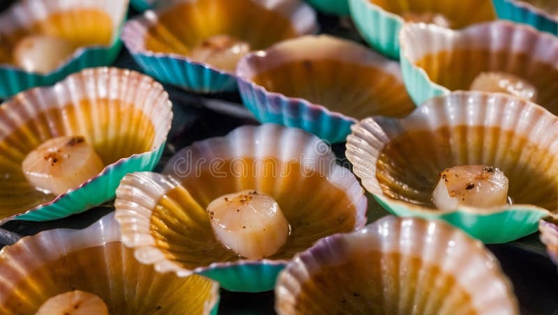 Farbenfrohe Jakobsmuscheln füllten den gesamten Rahmen. stockfotos