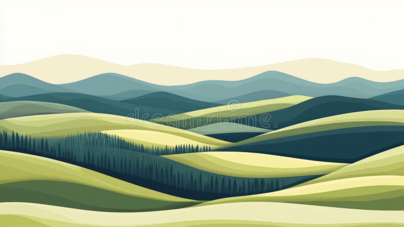 Farbenfrohe Landschaft mit rollenden Hügeln und Wäldern lizenzfreie abbildung