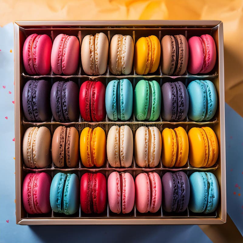 Farbenfrohe Macaroons, die in einer hübschen Darstellung lebendiger Farben angeordnet sind. stock abbildung