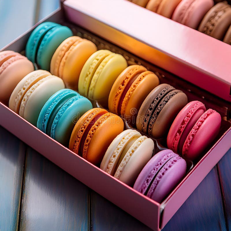 Farbenfrohe Macaroons, die in einer hübschen Darstellung lebendiger Farben angeordnet sind. stock abbildung