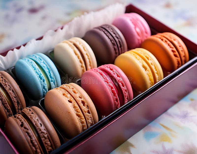 Farbenfrohe Macaroons, die in einer hübschen Darstellung lebendiger Farben angeordnet sind. stock abbildung