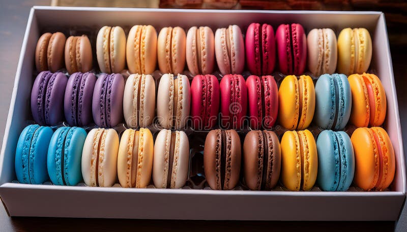 Farbenfrohe Macaroons, die in einer hübschen Darstellung lebendiger Farben angeordnet sind. stock abbildung