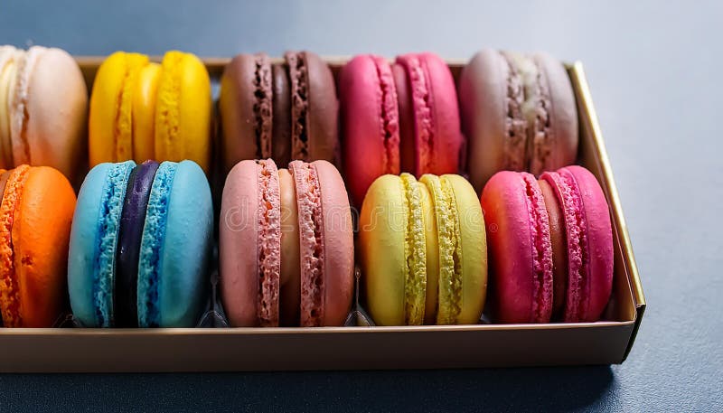 Farbenfrohe Macaroons, die in einer hübschen Darstellung lebendiger Farben angeordnet sind. stock abbildung