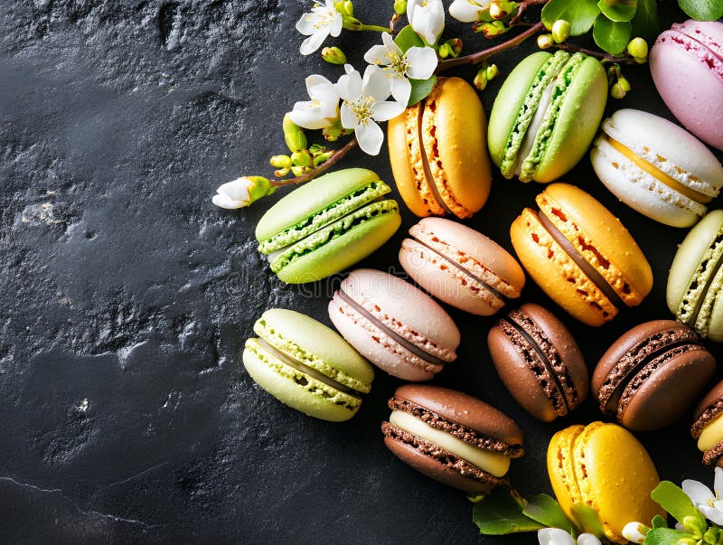 Farbenfrohe Makaronen mit weißen Blüten auf einer dunkelstrukturierten Oberfläche vektor abbildung