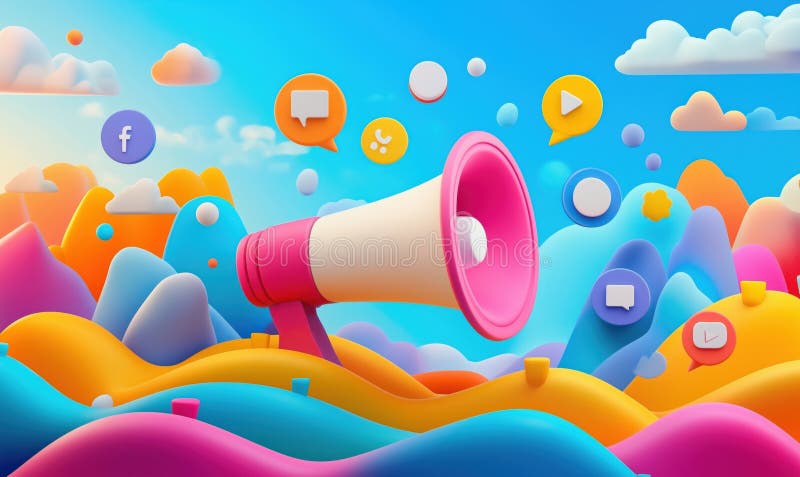 Farbenfrohe Megaphone, umgeben von Social Media Icons und lebhaften Hügeln, die digitales Marketing und Kommunikation darstellen stockfotografie