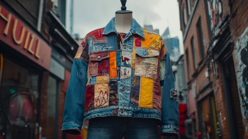 Farbenfrohe Patchwork Denim Jacket von Mannequin im urbanen Rahmen vektor abbildung
