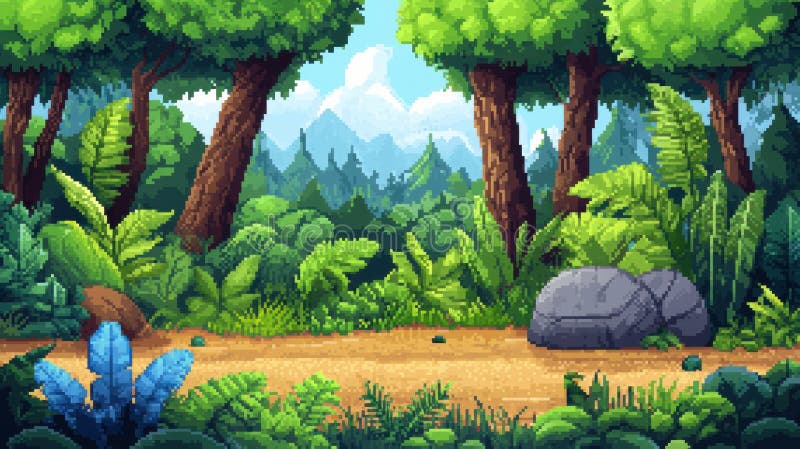 Farbenfrohe pixelige Waldszene, die Nostalgie für klassische Videospiele weckt lizenzfreie abbildung