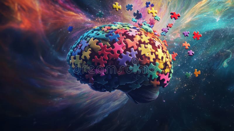 Farbenfrohe Puzzleteile bilden Gehirn im dynamischen kosmischen Hintergrund stockbilder