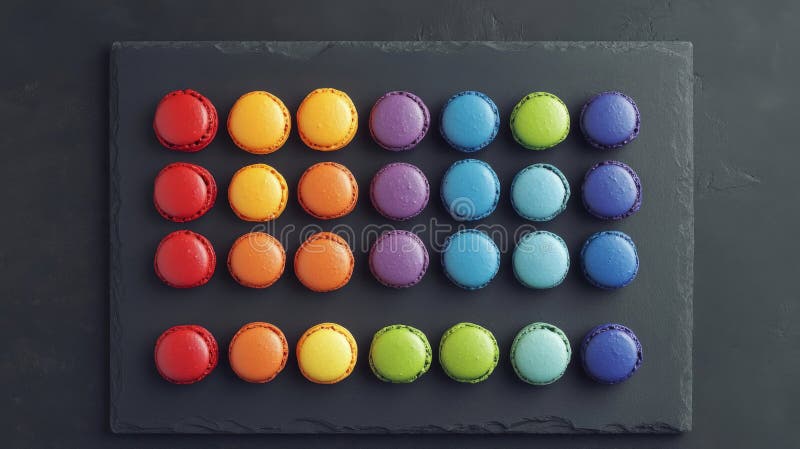 Farbenfrohe Regenbogen-Macarons im dunkelschiefen Hintergrund vektor abbildung