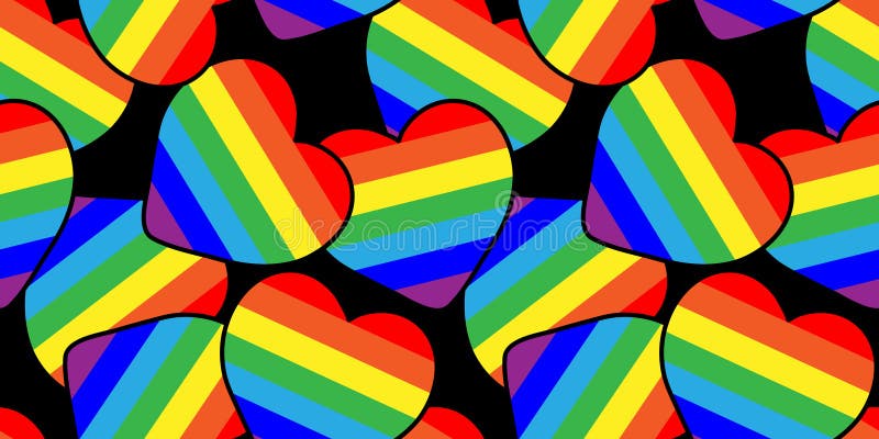 Farbenfrohe Regenbogenherzen für glänzende Tapete-Tapete-Stoff und Textil-Design hell fröhlicher schwarzer Hintergrund vektor abbildung