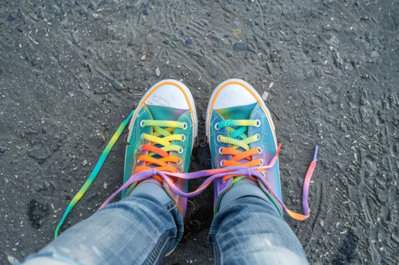 Farbenfrohe Regenbogenschütze auf Gehsteig. Schließen von bunten Regenbogenschreibern mit ungebundenen Schnüren auf einem texturierten Untergrund aus Asphalt. erzeugt mit ai.