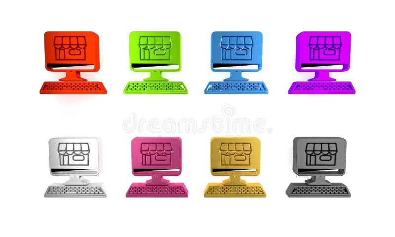 Farbenfrohe Shopping Building auf dem Bildschirm Computersymbol isoliert auf weißem Hintergrund. Concept eCommerce Online vektor abbildung
