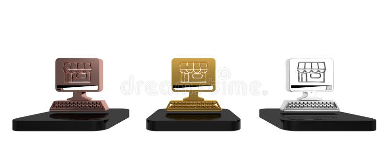Farbenfrohe Shopping Building auf dem Bildschirm Computersymbol isoliert auf weißem Hintergrund. Concept eCommerce Online. Konzept E-Commerce Business Online-Marketing. Minimalismus Konzept 3Darstellung.