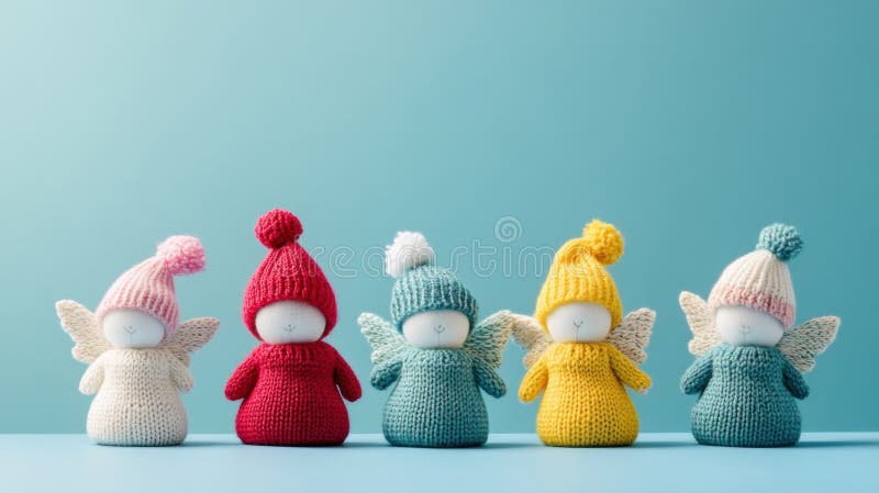 Farbenfrohe Strickenpuppen mit einem weichen blauen Hintergrund lizenzfreie stockbilder