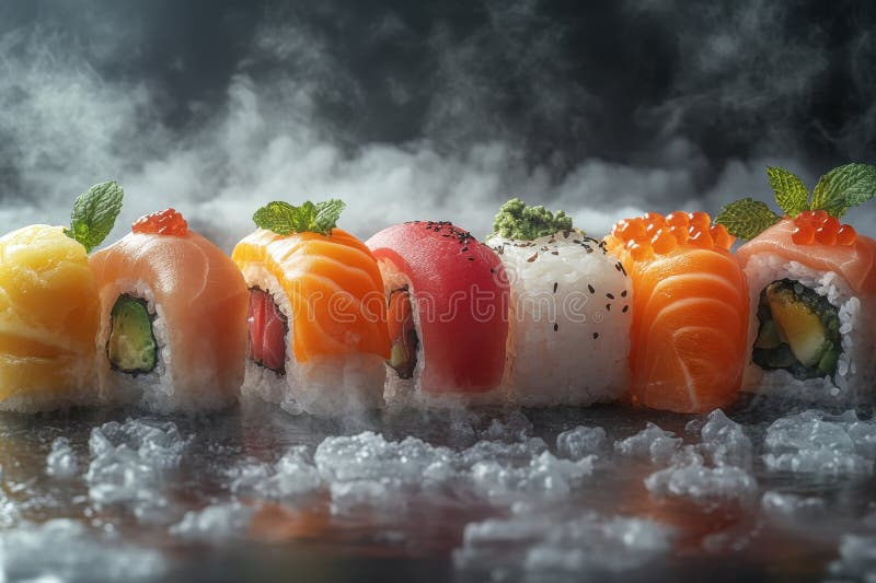 Farbenfrohe Sushi-Auswahl auf dunkel reflektierender Oberfläche mit Dampf in modernem Ambiente. Eine lebhafte Zusammenstellung verschiedener Sushi-Brötchen präsentiert frische Zutaten wie Lachs und Avocado mit Minzblättern. Die dunkelreflektierende Oberfläche verbessert die Farben, während Dampf eine dynamische Atmosphäre schafft. AI generiert