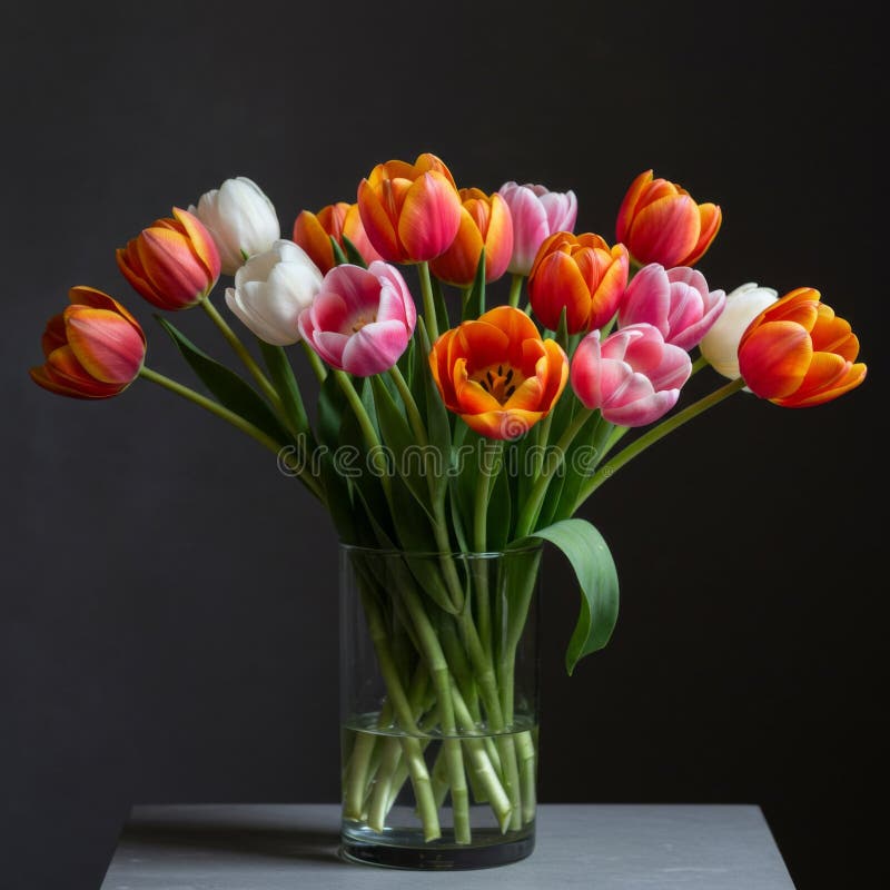 Farbenfrohe Tulip Bouquet in Glasvase auf dunklem Hintergrund stock abbildung