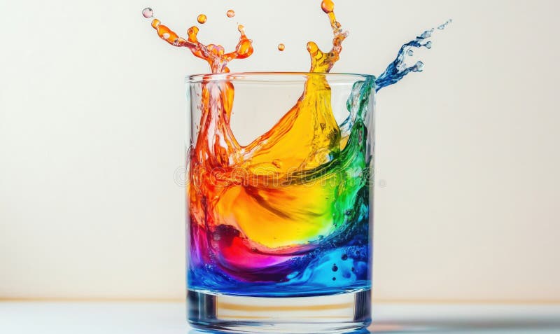 Farbenfrohe Wasserspritze im Glas, die einen dynamischen Regenbogeneffekt erzeugt. AI generiert