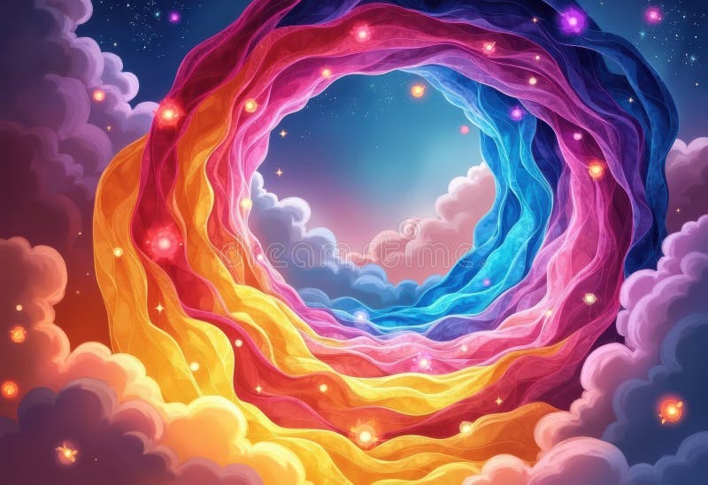 Farbenfrohe wirbelnde Wolken schaffen ein lebendiges kosmisches Portal im Himmel stockfoto