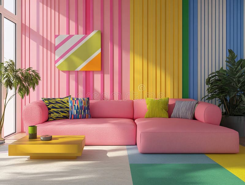 Farbenfrohe Wohnzimmer Interieur mit rosa Sofa und modernem Dekor vektor abbildung