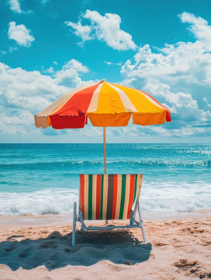 Farbenfroher Strand mit gestreifter Sonnenliege und heller Sonnenschirm am Sandstrand unter blauem Himmel stockfoto