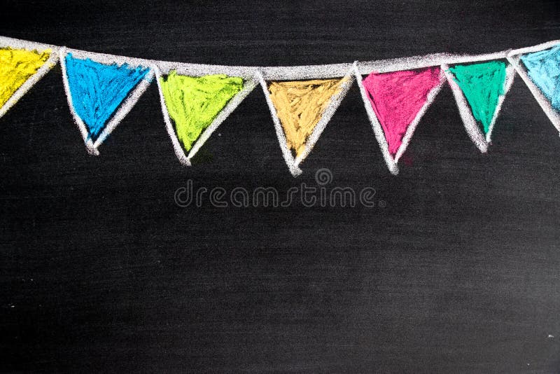 farbenprächtige Kreikreidezeichnung in Form einer hängenden Partyflaggenform auf schwarpafarbenem Hintergrund