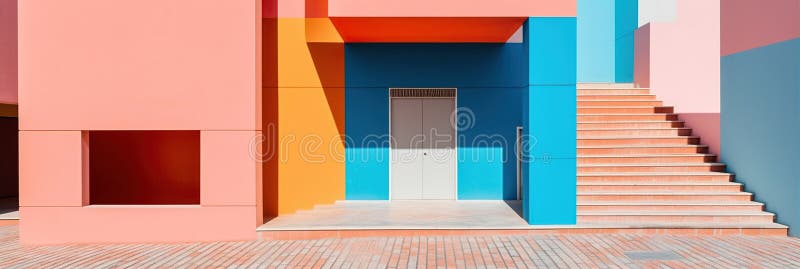 Farbenprächtiges, lebendiges Gebäude mit Tür und Treppe am sonnigen Tag. minimalistische Architektur im Sommer. mit generativer Hi lizenzfreie abbildung