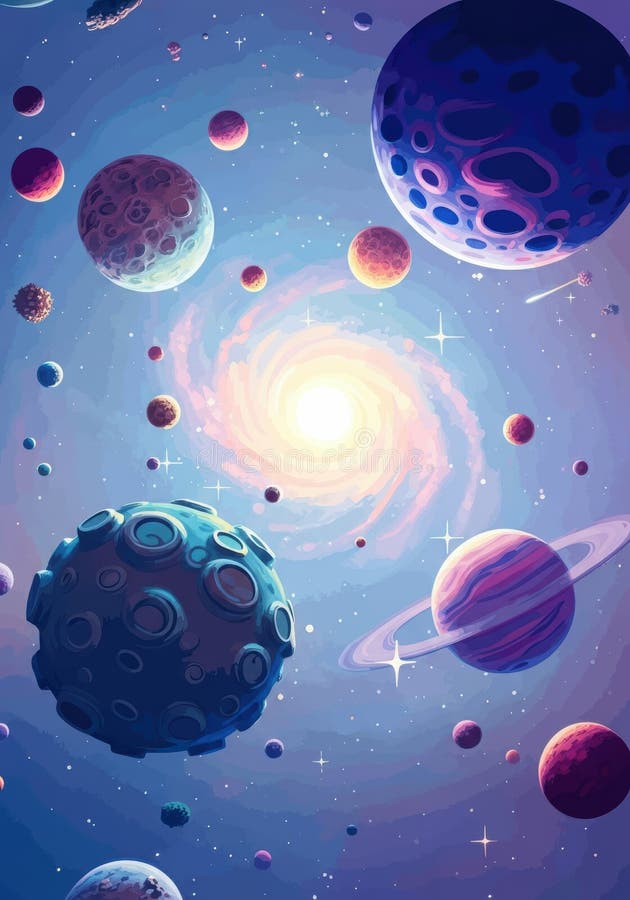 Farbige Abbildung von Planeten und Galaxie in einer dynamischen kosmischen Szene lizenzfreie stockfotografie