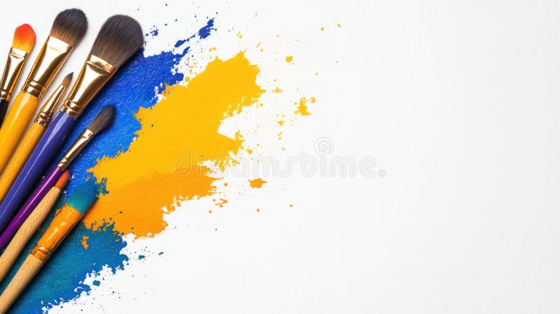 Farbige Aquarellpinsel auf weißem Hintergrund oben mit Kopierraum stock abbildung