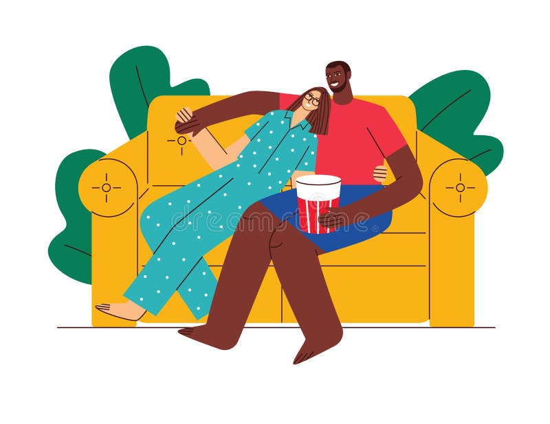 Farbige flache Artillustration des Vektors. liebende Paare, die zuhause fernsehen vektor abbildung