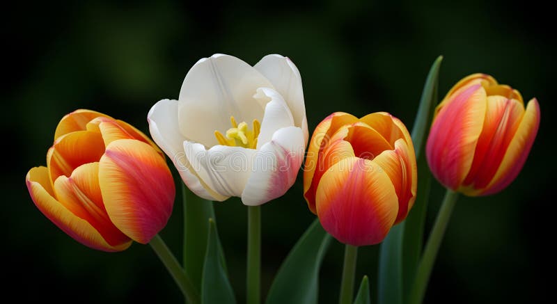 Farbige Tulip-Blüten, die vor dunklem Hintergrund angezeigt werden stock abbildung