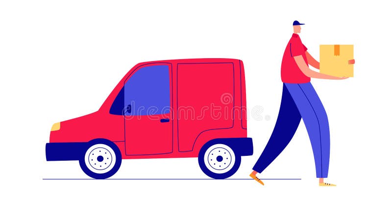 Farbige Vektor-Flachbild-Abbildung Lieferant in der Nähe des Autos vektor abbildung