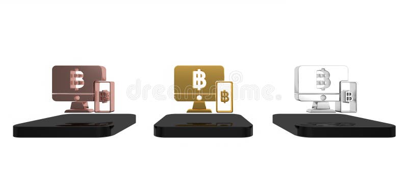 Farbiger Computerbildschirm mit Handy und Bitcoin-Symbol isoliert auf weißem Hintergrund. Online-Einkaufskonzept vektor abbildung