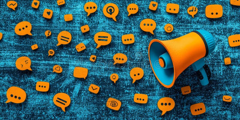 Farbiges Megaphon, umgeben von Ikonen der sozialen Medien, die digitale Marketing-Online-Kommunikation darstellen lizenzfreie stockfotos