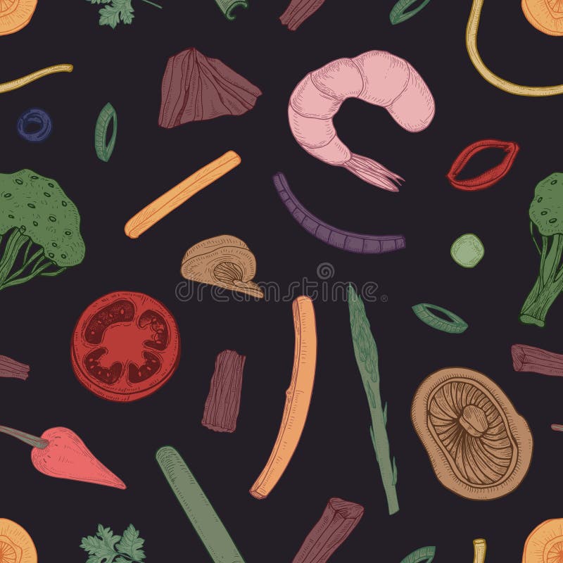 Colored seamless pattern with food pieces. Backdrop with vegetables and seafood hand drawn with contour lines on black background. Realistic vector illustration for fabric print, wallpaper. Colored seamless pattern with food pieces. Backdrop with vegetables and seafood hand drawn with contour lines on black background. Realistic vector illustration for fabric print, wallpaper