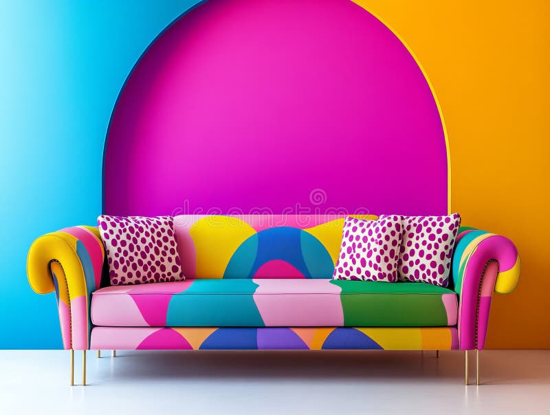 Farbiges Sofa mit abstraktem geometrischem Design und hellen Hintergrund Modernes Innendesign Innendekoration Creative Concept vektor abbildung