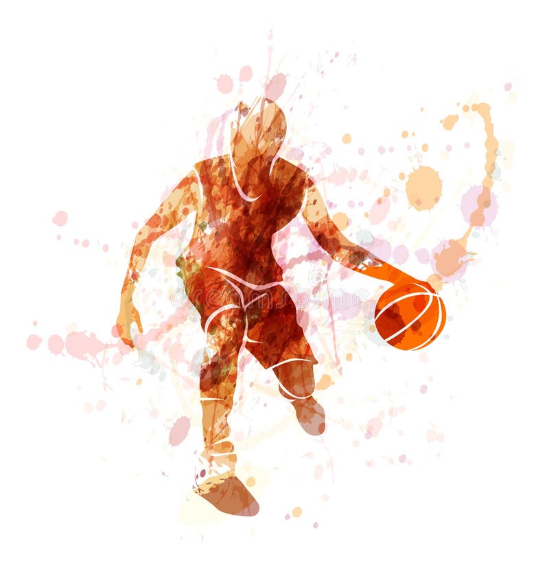 Farbiges Vektorschattenbild des Basketball-Spielers mit Ball vektor abbildung