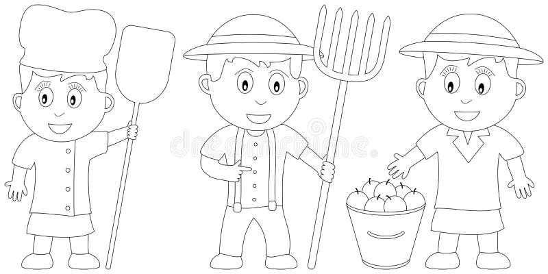 Three kids (a baker and two farmers) in black and white. Useful also for colouring book for kids. You can find other b/w illustrations in my portfolio. Three kids (a baker and two farmers) in black and white. Useful also for colouring book for kids. You can find other b/w illustrations in my portfolio.