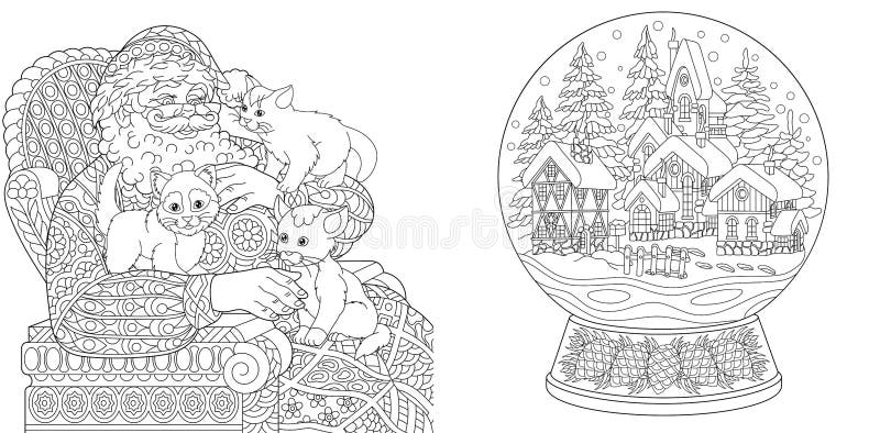 Coloring Pages. Coloring Book for adults. Colouring pictures with Santa Claus and magic snow ball. Antistress freehand sketch drawing with doodle and zentangle elements. Coloring Pages. Coloring Book for adults. Colouring pictures with Santa Claus and magic snow ball. Antistress freehand sketch drawing with doodle and zentangle elements