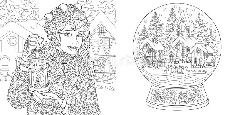 Coloring Pages. Coloring Book for adults. Colouring pictures with winter girl and magic snow ball. Antistress freehand sketch drawing with doodle and zentangle elements. Coloring Pages. Coloring Book for adults. Colouring pictures with winter girl and magic snow ball. Antistress freehand sketch drawing with doodle and zentangle elements.