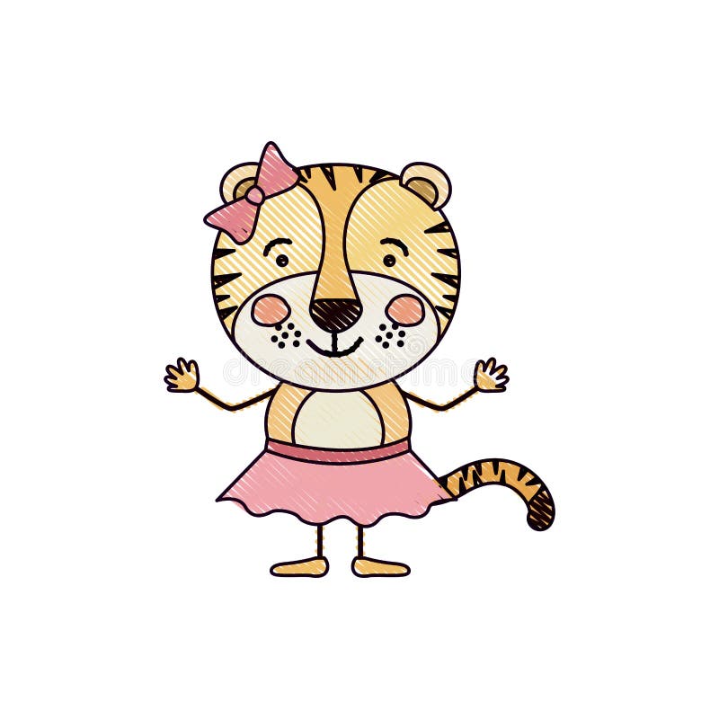 Farbzeichenstift-Schattenbildkarikatur der weiblichen Tigerin des netten Ausdrucks im Rock mit Bogenspitze stock abbildung Farbzeichenstift-Schattenbildkarikatur der weiblichen Tigerin des netten Ausdrucks im Rock mit Bogenspitze stock abbildung