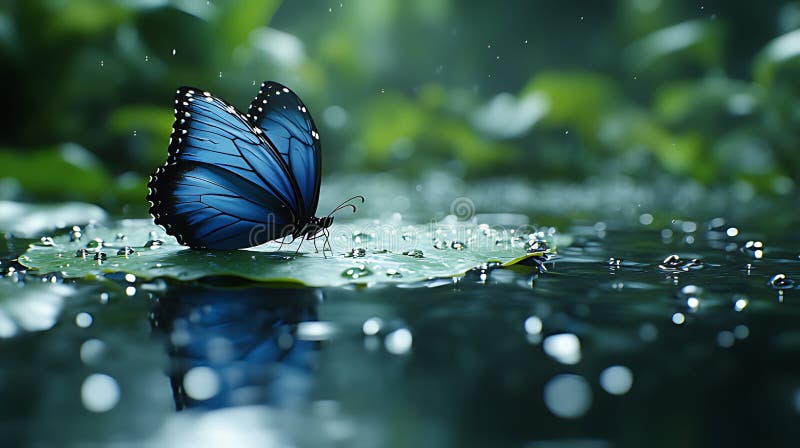 Farfalla blu di morpho su un giglio in un tranquillo stagno goccioline d'acqua royalty illustrazione gratis