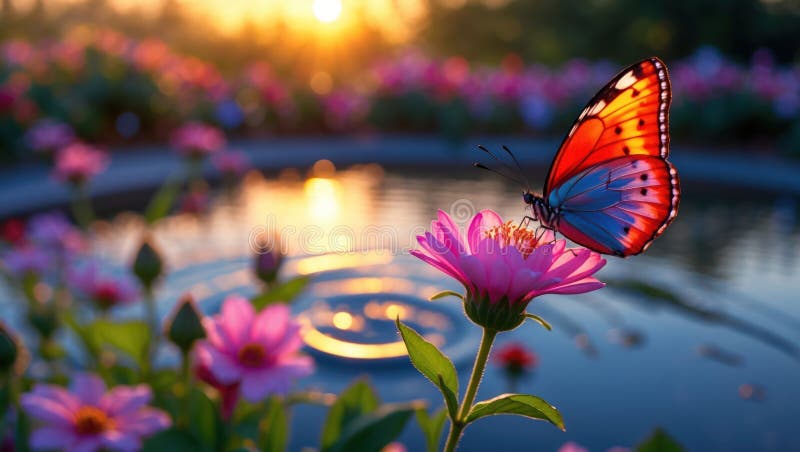 Farfalla di tramonto sul fiore di rosa vicino al Pond illustrazione di stock