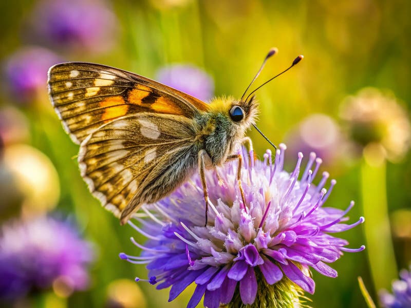 Farfalla di un saltatore a poltiglia stordente su un fiore vivace e scaboso una chiusura panoramica di natura selvatica illustrazione vettoriale