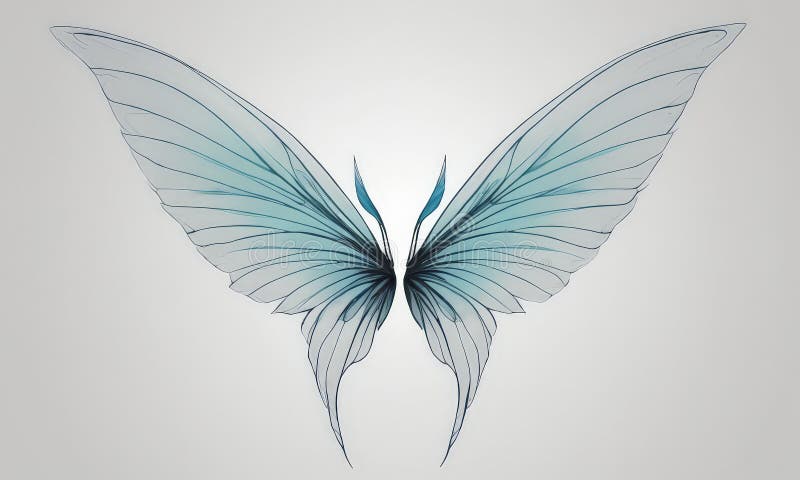 Farfalla digitale con ali blu e bianche sparse su fondo grigio chiaro. illustrazione di stock