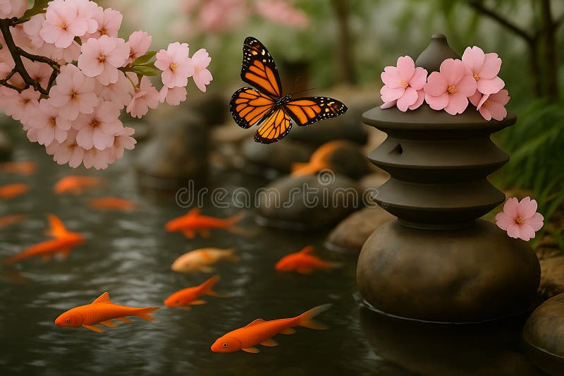 Farfalla e pesce d'oro nello stagno giappone di ciliegi fiori e lanterna di pietra naturale illustrazione di stock