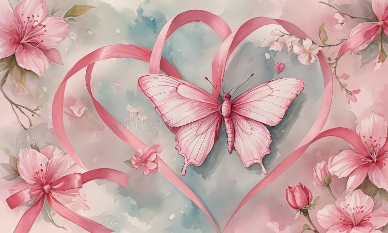 Farfalla rosa con ali delicati poggia su nastro di forma cardiaca circondato da fiori rosa e blu chiaro illustrazione di stock