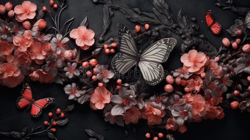 Farfalla su fondo scuro con fiori. ai generative ad alta qualità