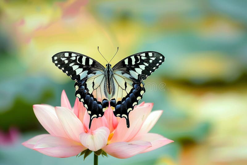 Farfalla sul fiore di loto nello stagno Thailandia royalty illustrazione gratis