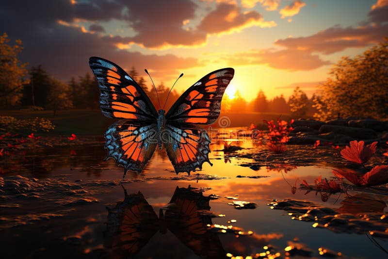 Farfalla sullo stagno al tramonto 3d resa. ai generative ai. progettazione generativa di ai generative ai per instagram facebook muro dipingere un AIA generativo.