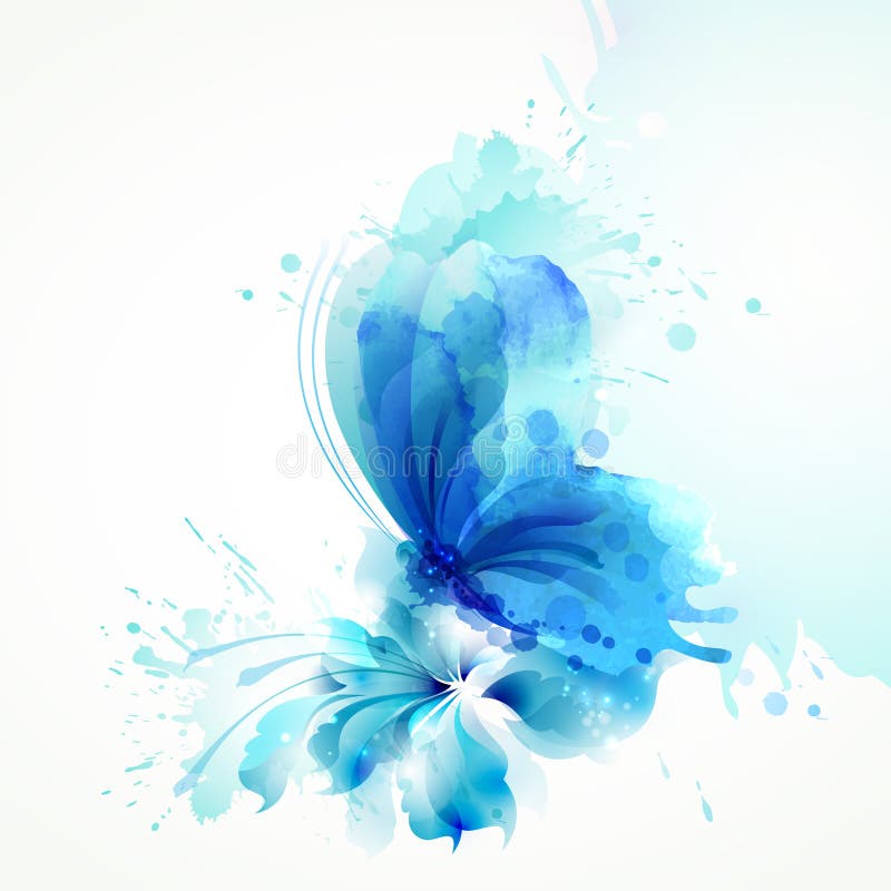 Farfalla traslucida del bello estratto dell'acquerello sul fiore blu sui precedenti bianchi